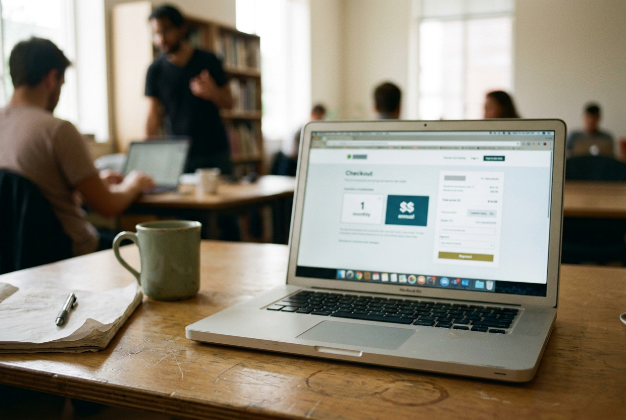 A laptop showing a paid community checkout with monthly and annual plan options beside a notebook.