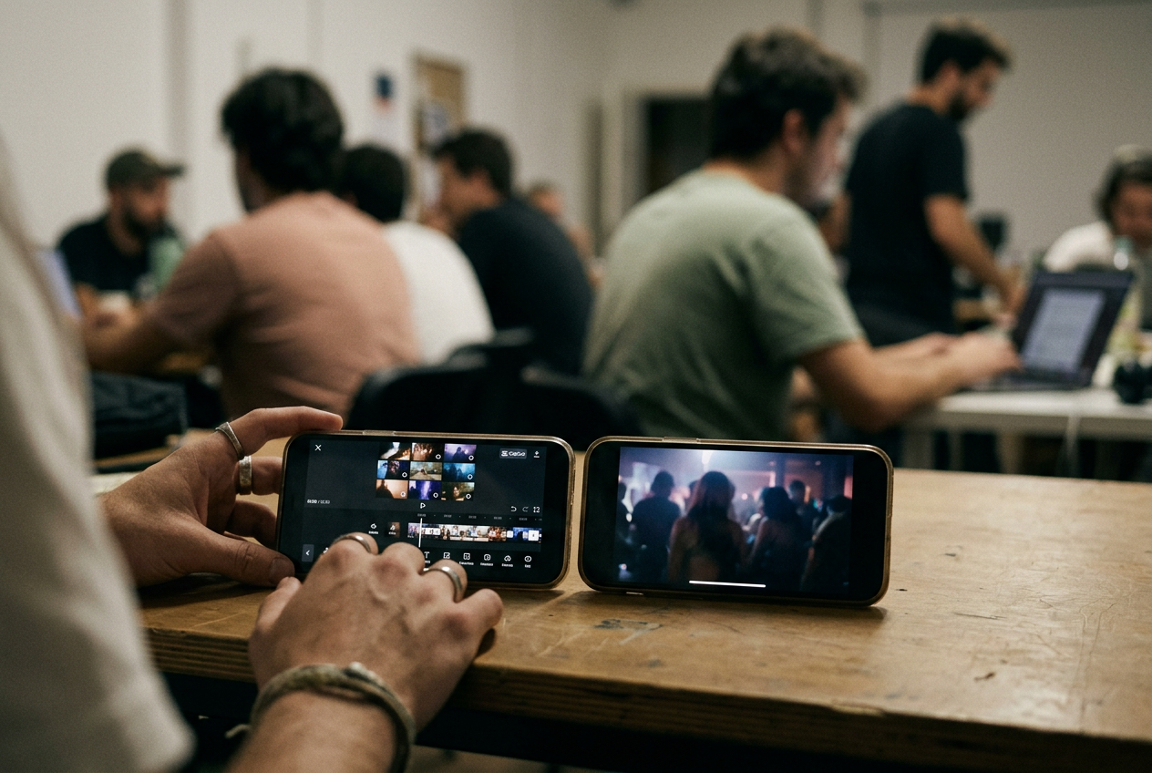 A phone showing a nine-photo CapCut template beside the same video saved as an uncredited file.