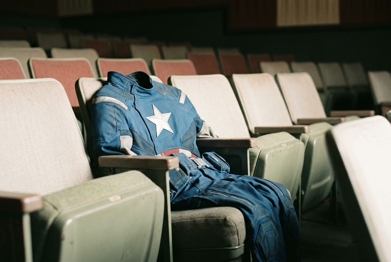 A blue Captain America suit with a white chest star draped over an empty cinema seat.