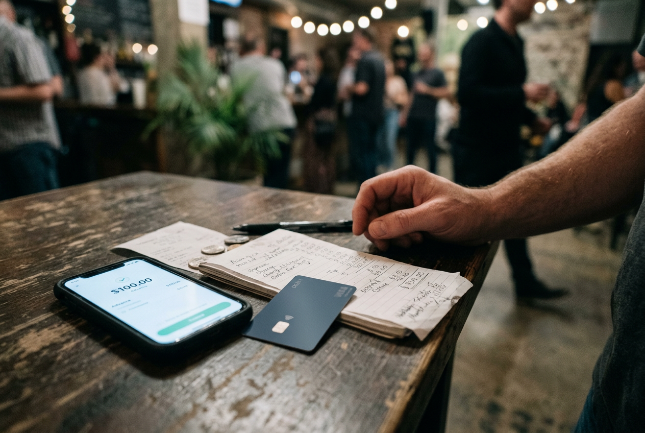A phone showing a $100 cash advance beside a debit card and a handwritten list of transfer, tip and membership costs.
