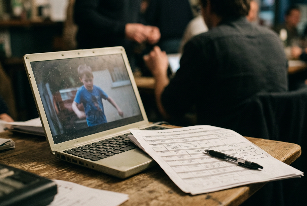 A laptop showing two children in the Charlie Bit My Finger video beside a television production rundown.