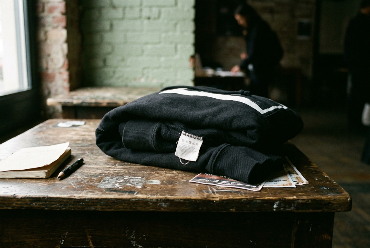 Hands inspecting the cuff, side seam and white back print of a black hoodie on a basement merch table.