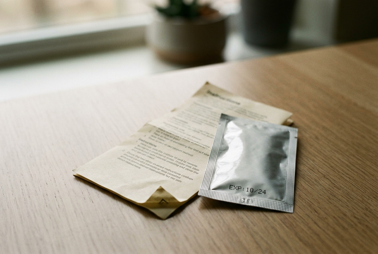 A sealed silver drug-testing strip pouch beside its box, with the lot number and expiration date visible.