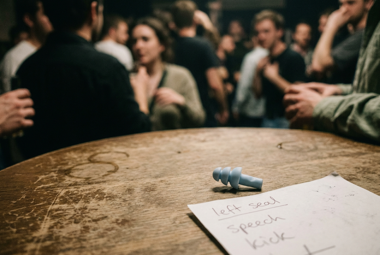 Clear three-flange reusable earplugs resting beside a handwritten club testing notebook.