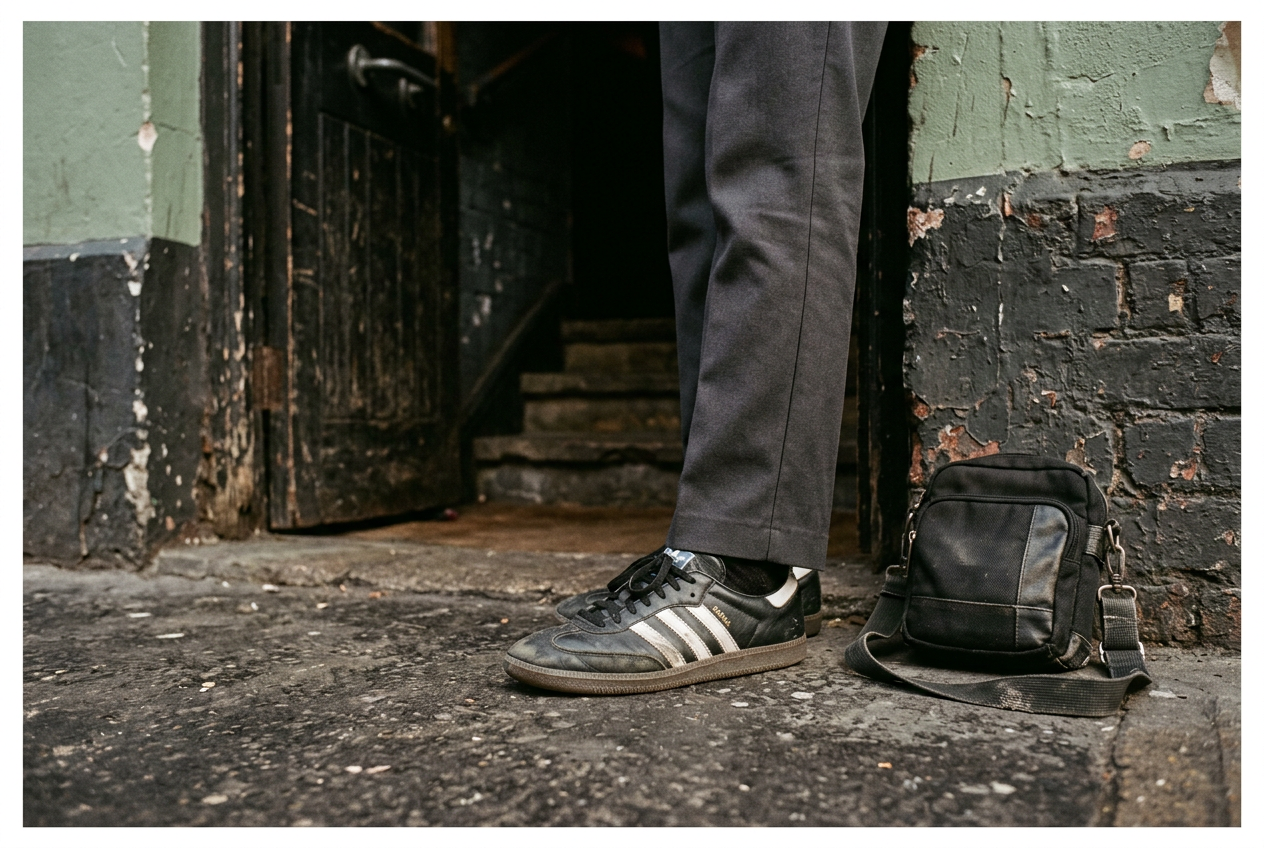 Black leather Adidas Samba sneakers and a compact crossbody bag beside a nightclub rope.