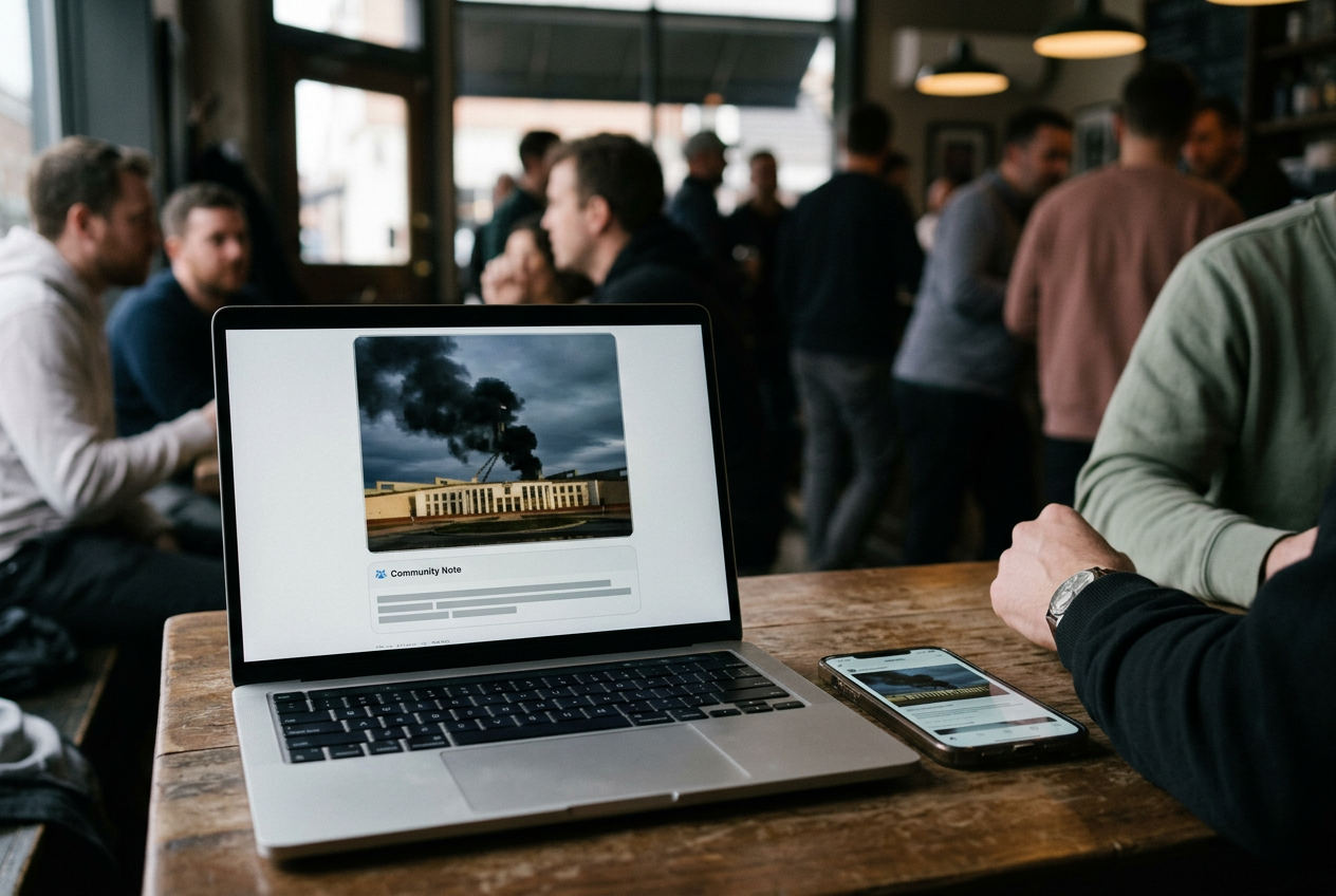 A laptop displays the false Pentagon explosion image with a gray Community Note beneath the post.
