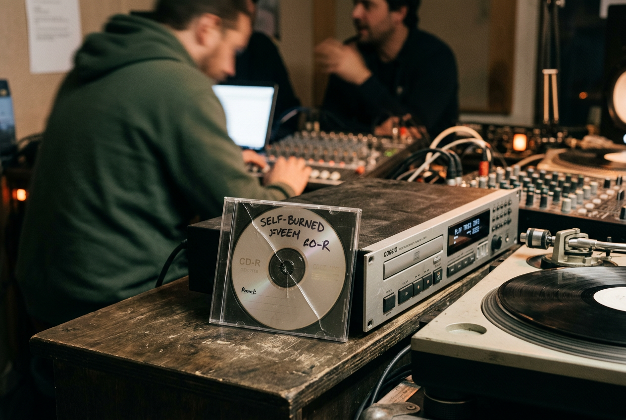 A cracked jewel case holding a hand-labeled silver CD-R beside a radio console and turntable.