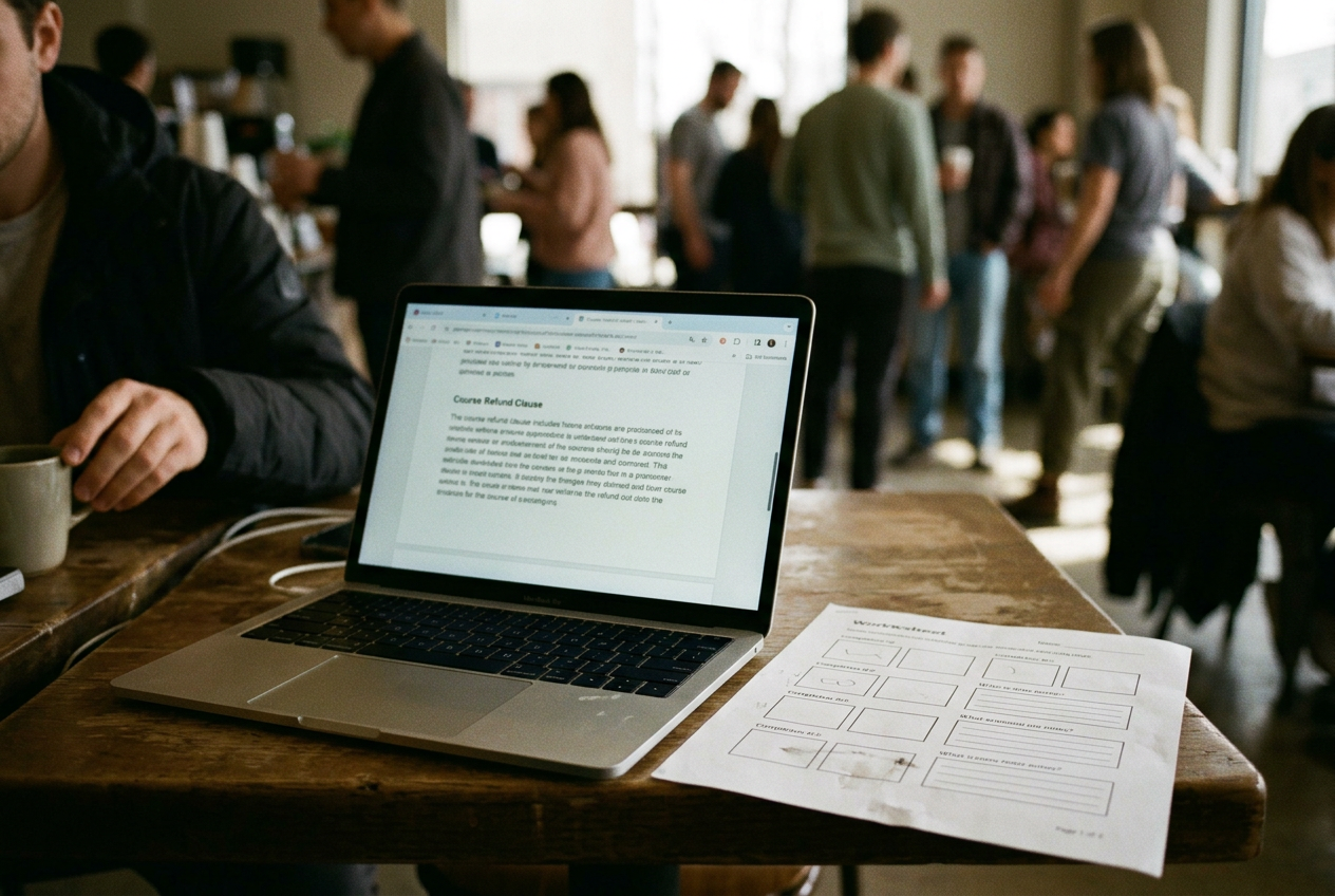 A laptop displaying a creator course refund clause beside a printed worksheet marked for completion.
