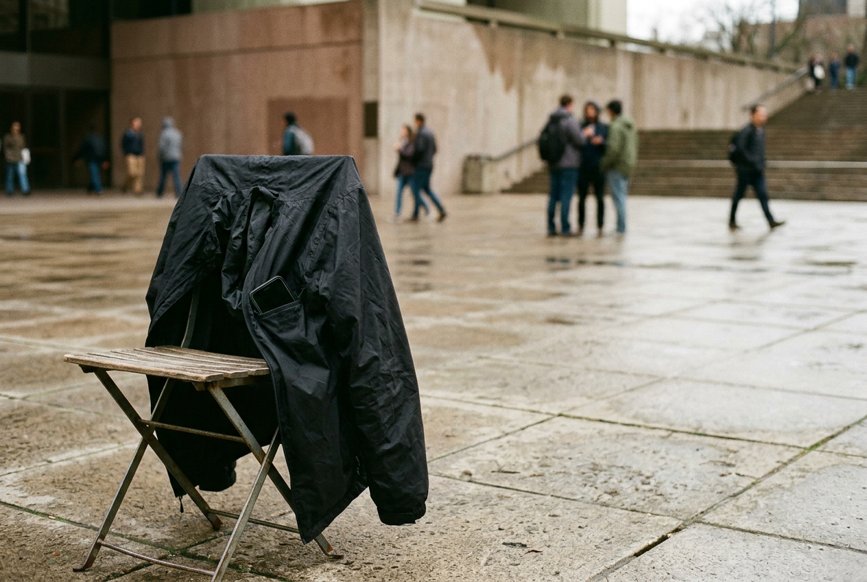 A phone protrudes from the shallow inside pocket of a black nylon rain jacket beside an empty civic plaza.