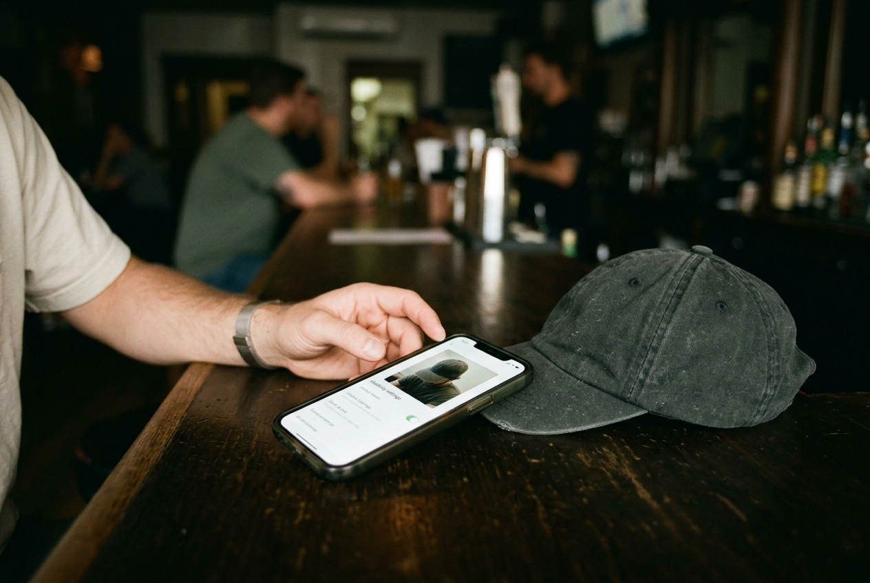 A phone showing a dating app privacy menu beside a black cotton baseball cap on a plain table.
