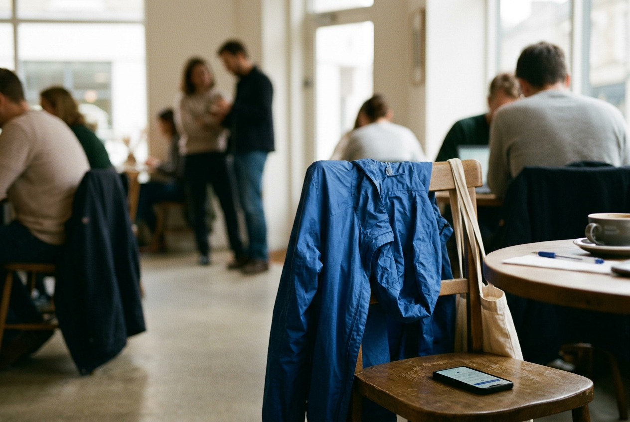 A cobalt-blue rain shell on a café chair beside a phone showing generic dating-app location settings.