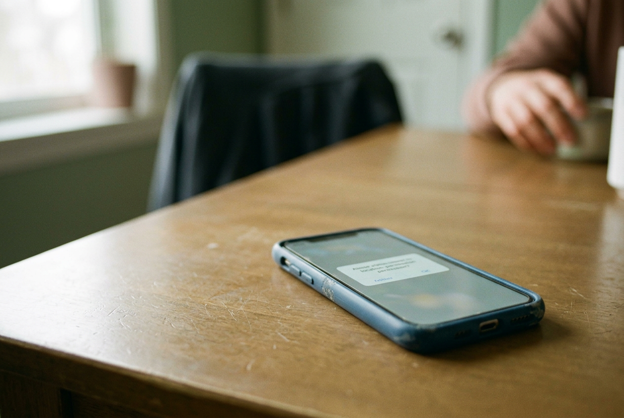 A phone in a scuffed blue silicone case beside its open location-permission settings on a kitchen table.