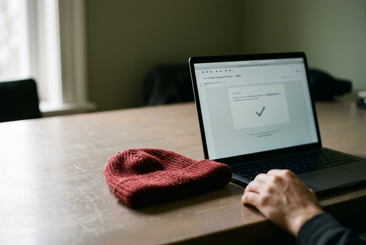 A red knit cap beside a laptop displaying a facial-search opt-out confirmation email.