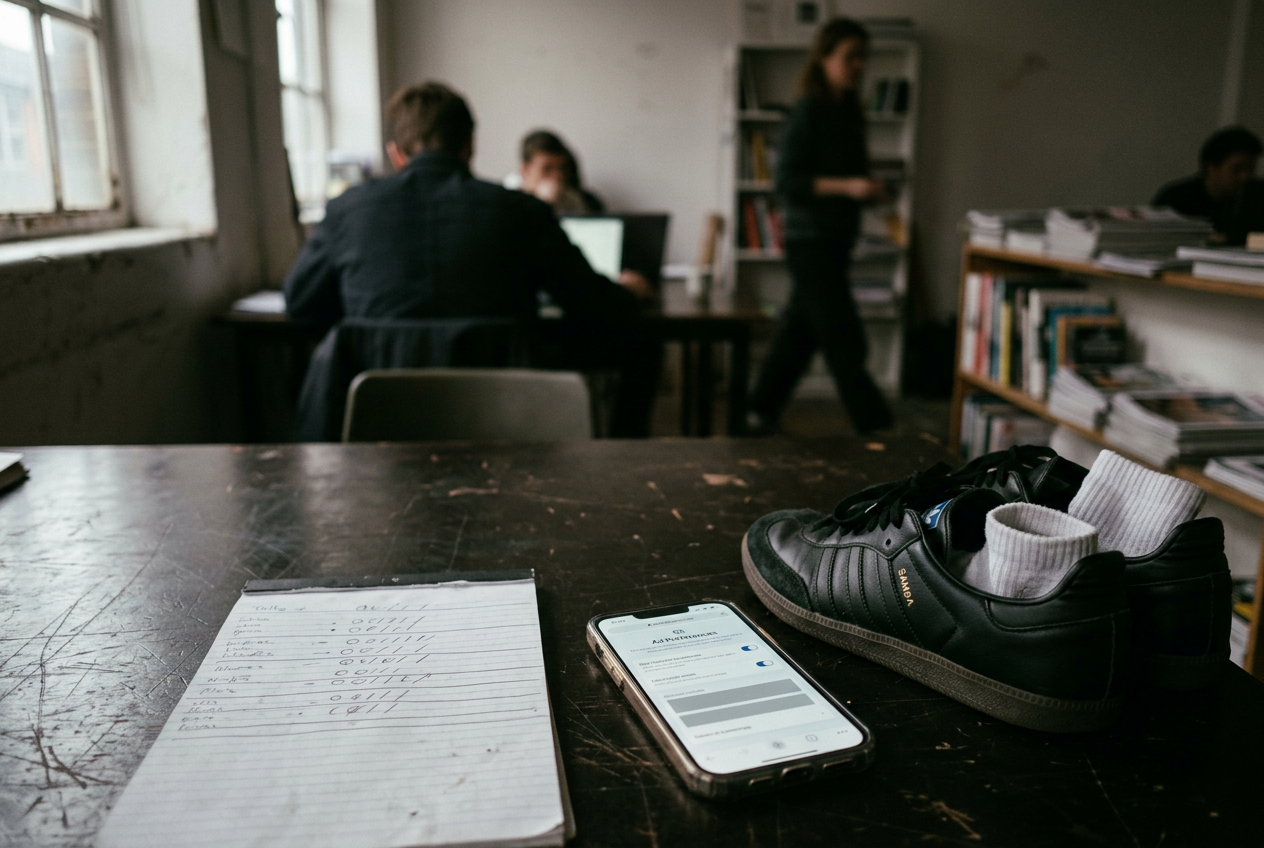 A phone showing Meta ad preferences beside black Adidas Samba sneakers and a paper tally sheet.