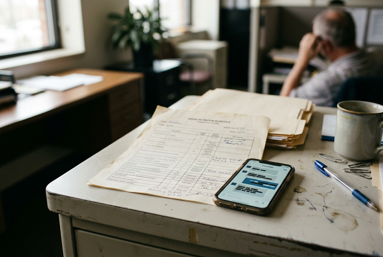 A phone showing Confide’s covered-message interface beside a government records folder on a plain office desk.