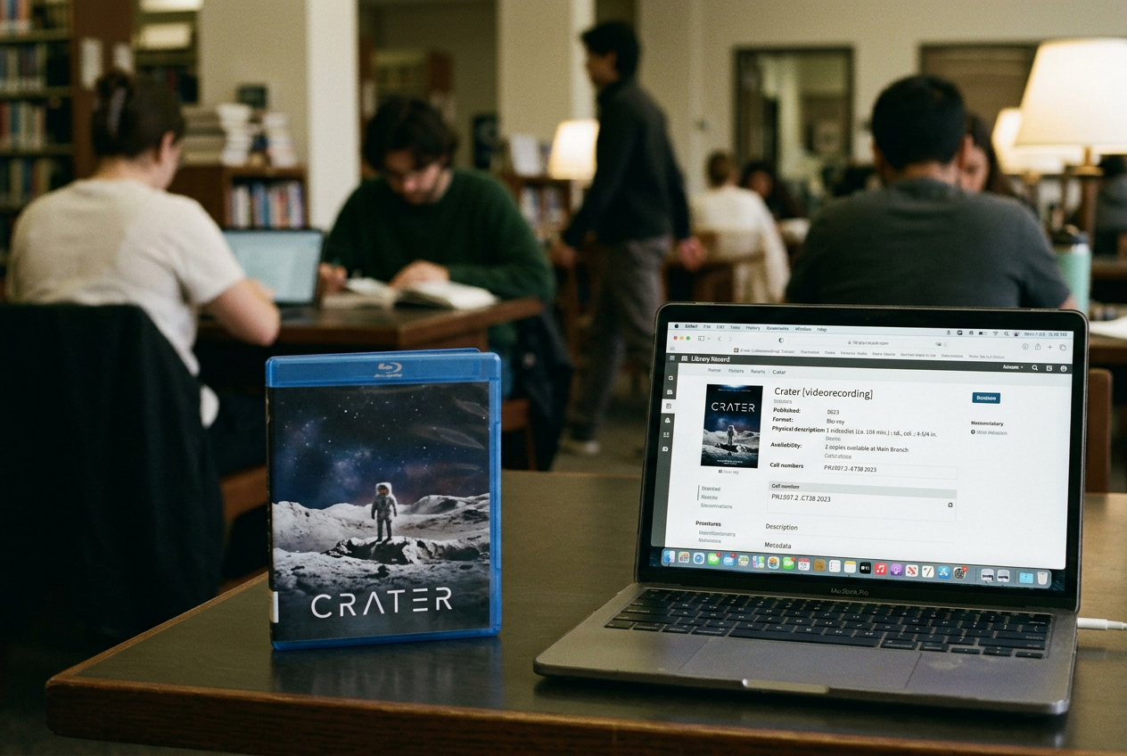 A Crater Blu-ray beside a library catalog screen showing its title record and lending status.