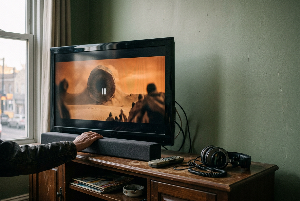 A television showing Dune: Part Two beside a soundbar and closed-back headphones in a living room.