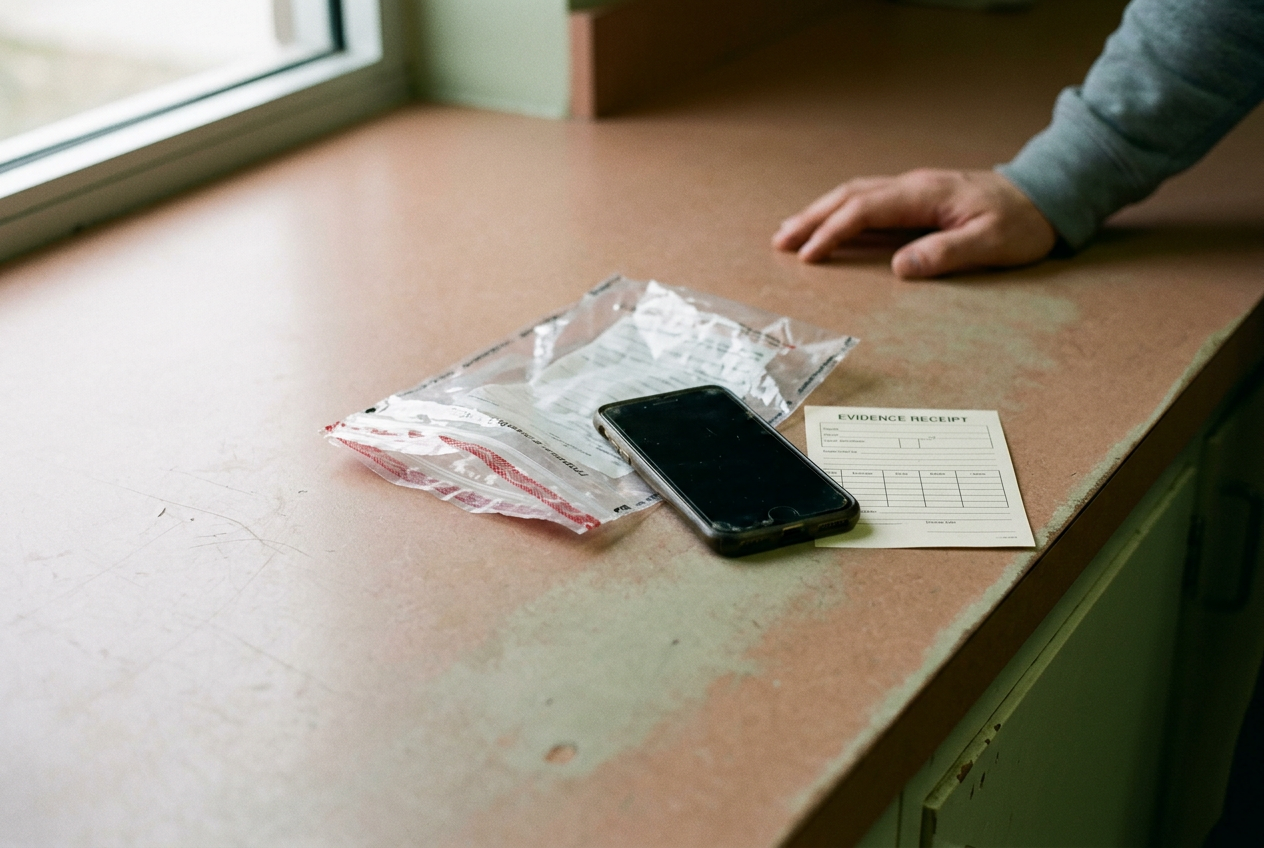 A smartphone beside an evidence receipt and an opened tamper-evident property bag on a plain counter.