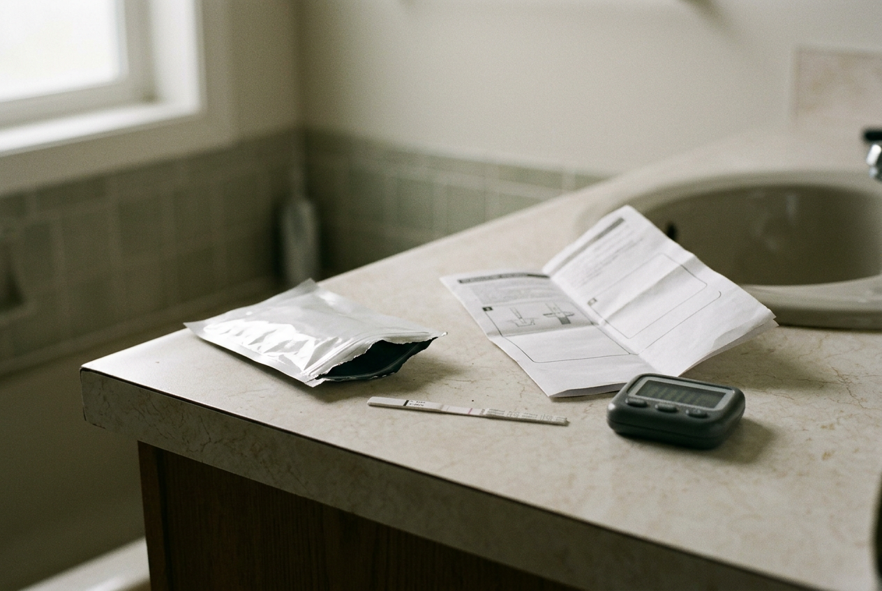 An opened fentanyl test-strip pouch beside its folded instructions, timer and clean sample cup on a plain counter.