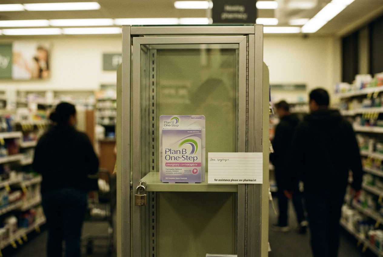 A carton of levonorgestrel emergency contraception visible inside a locked pharmacy shelf case.