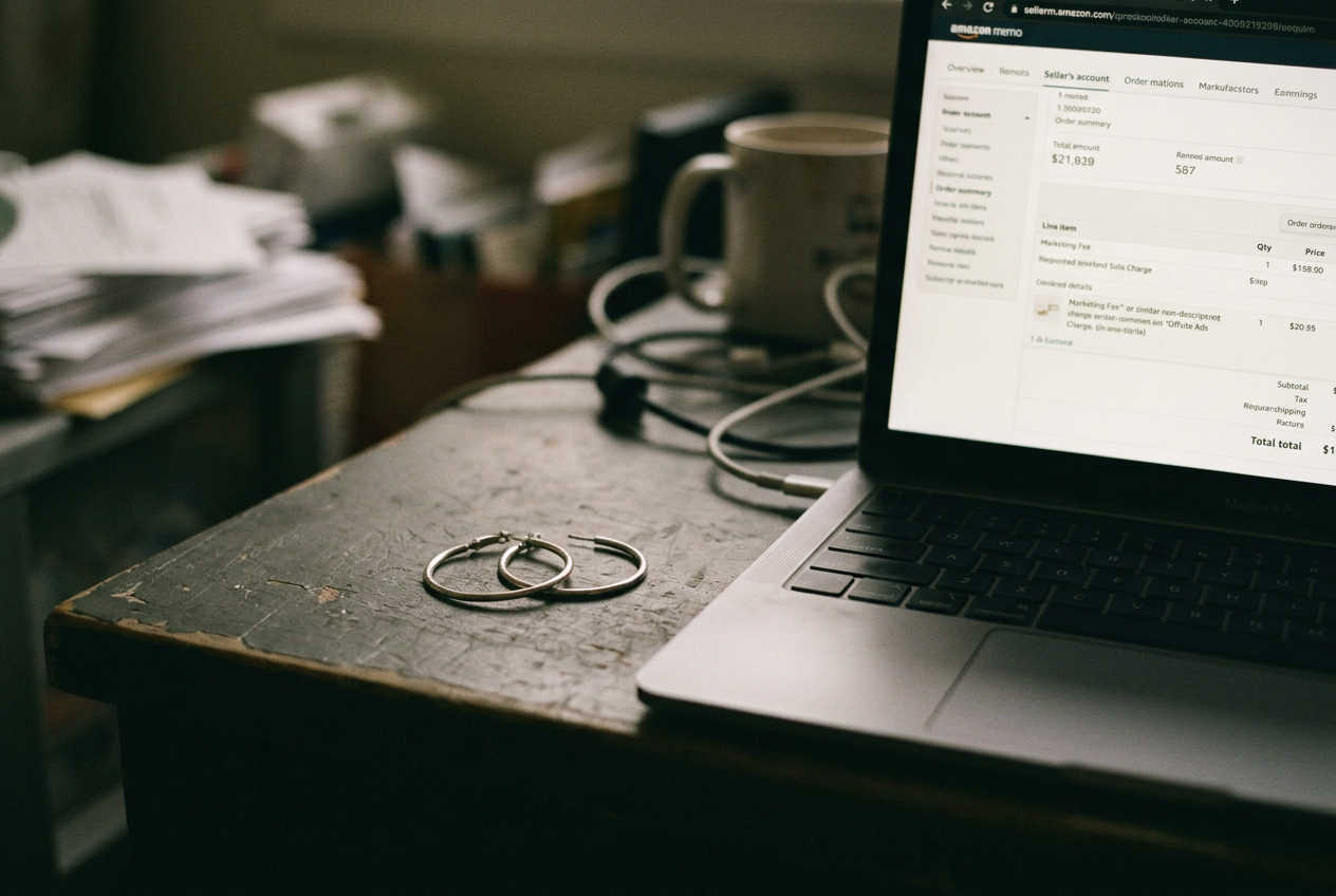 Sterling-silver hoop earrings beside an Etsy order page displaying an Offsite Ads fee.