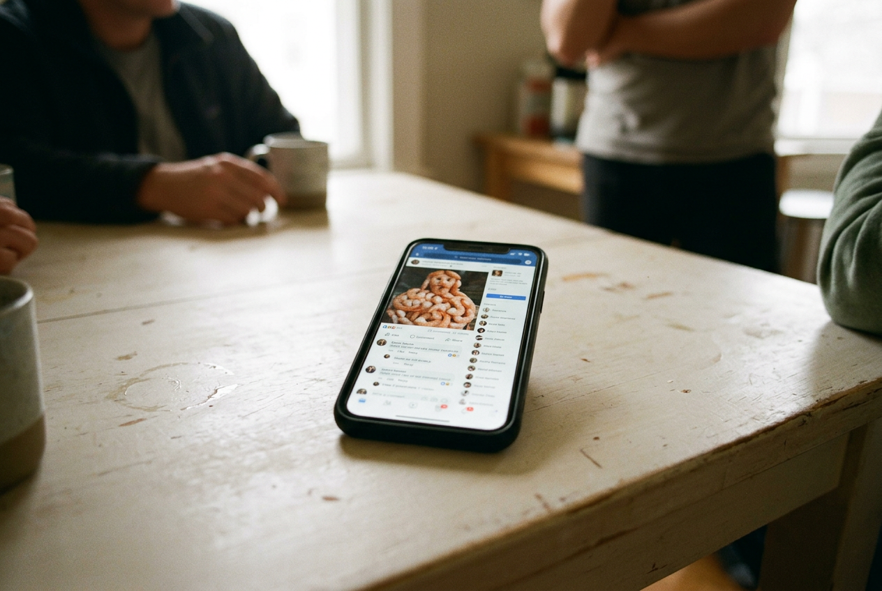 A phone displaying a pink Shrimp Jesus image and its Facebook comment thread on a plain kitchen table.