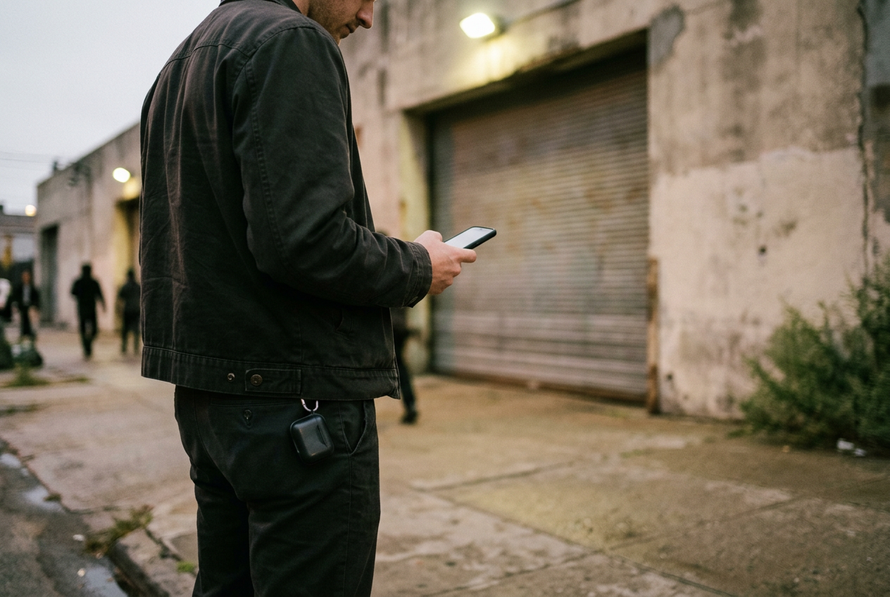 A person shown from the shoulders down checks a phone outside an unmarked venue at dusk, with an earplug case clipped to a jacket.