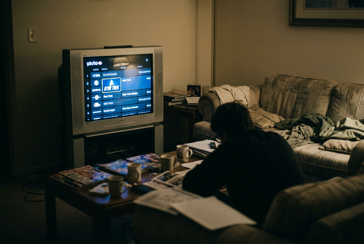 A television showing Pluto TV’s blue Star Trek channel tile beside rows of scheduled programs.