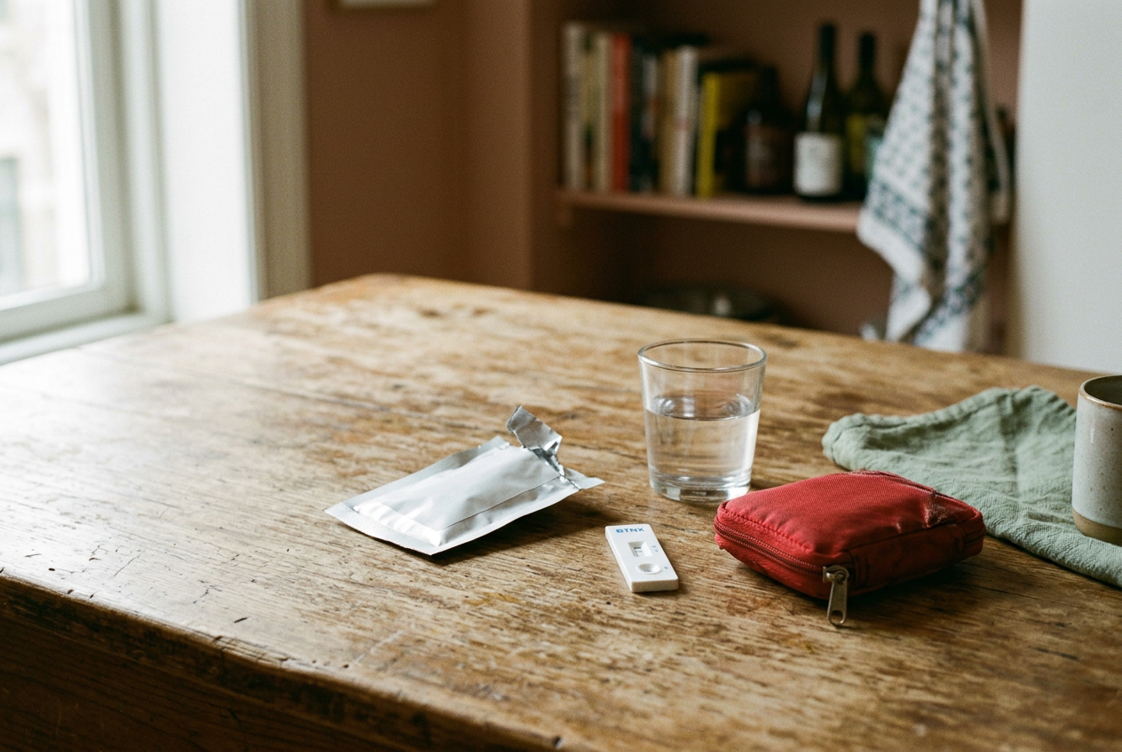 A BTNX fentanyl test strip beside its foil pouch, a clean cup of water and a naloxone kit on a plain table.