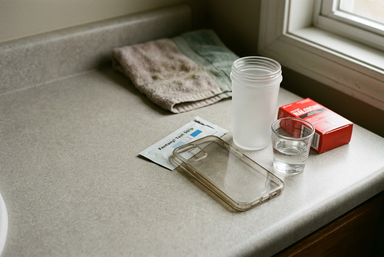 A sealed fentanyl test strip beside a small clean sample cup, water container, instruction sheet and naloxone.