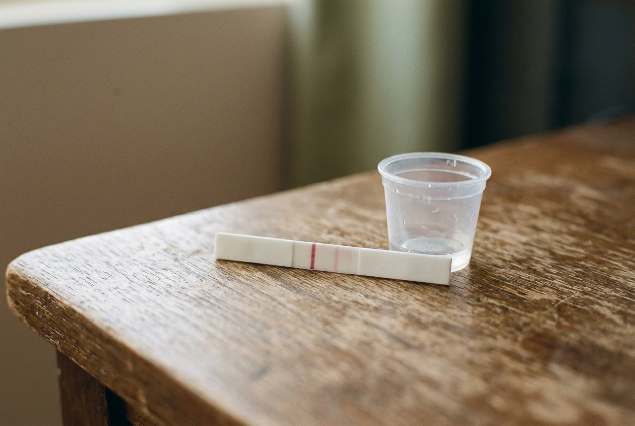 A fentanyl test strip beside a clear sample cup, showing one dark pink line and one faint pink line.