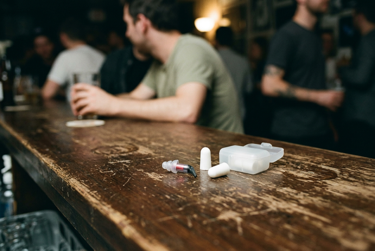 Reusable filtered earplugs and fresh foam plugs beside a small case on a scuffed club bar.