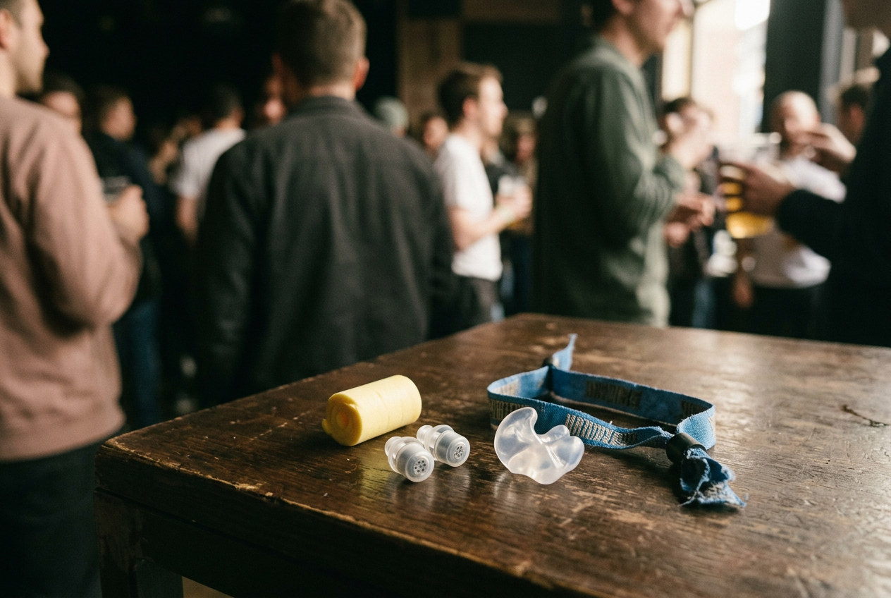 Foam, universal filtered, and molded musician earplugs arranged beside a scuffed club wristband.