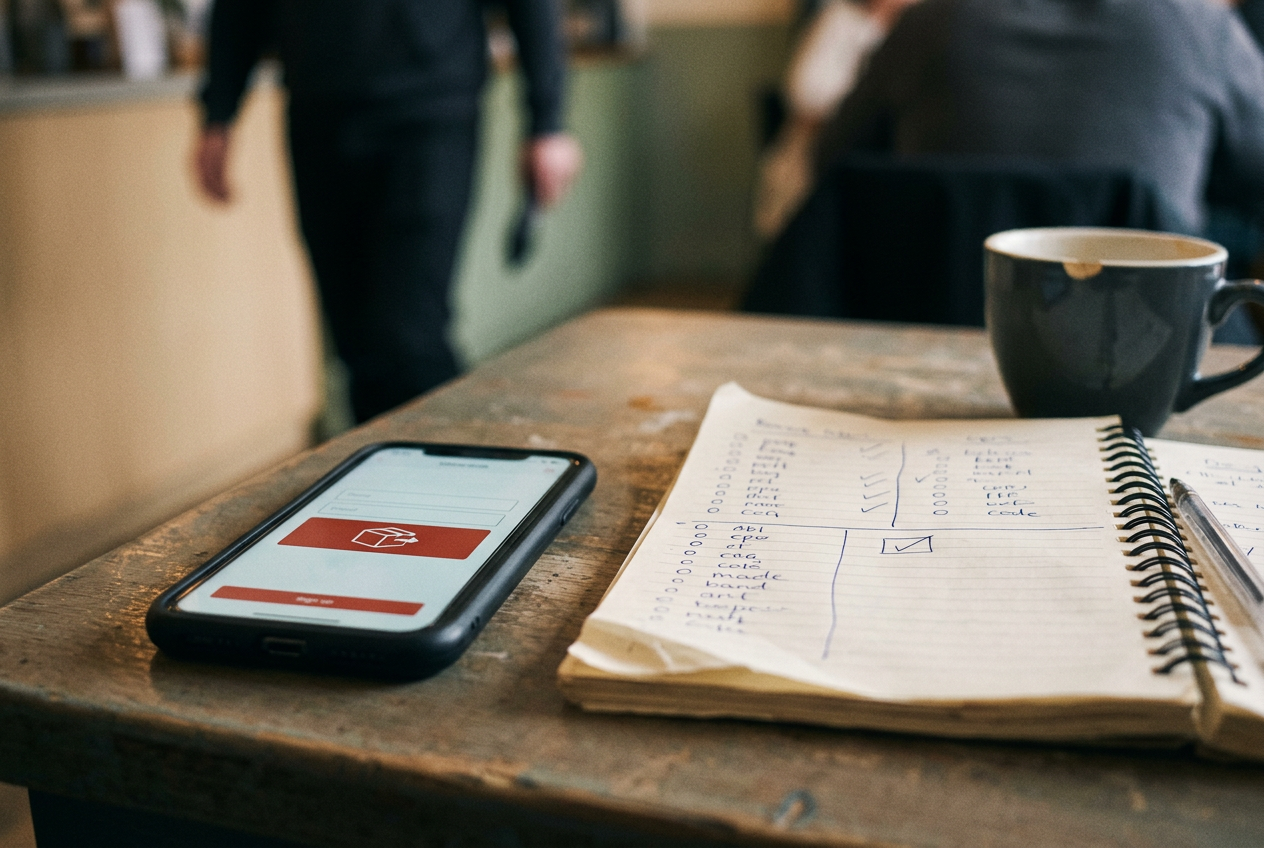 A phone displaying a parcel-style ad with a red Track Package button beside handwritten report notes.
