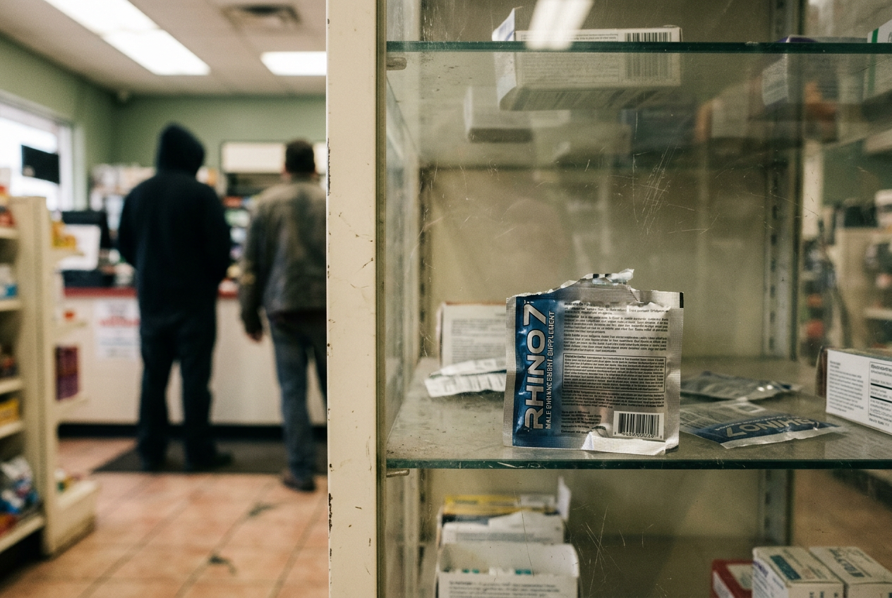 A Rhino 7 sexual-enhancement packet hanging inside a locked gas-station supplement cabinet.