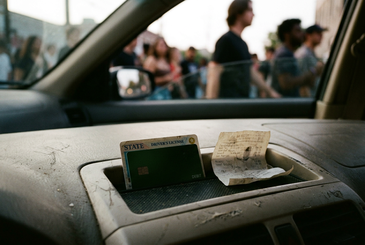 A Lyft Direct debit card beside a driver’s license and gas receipt on a car console.