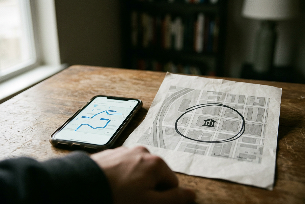 A phone displaying a Google Maps Timeline screen beside a printed warrant map marked with a circular search area.