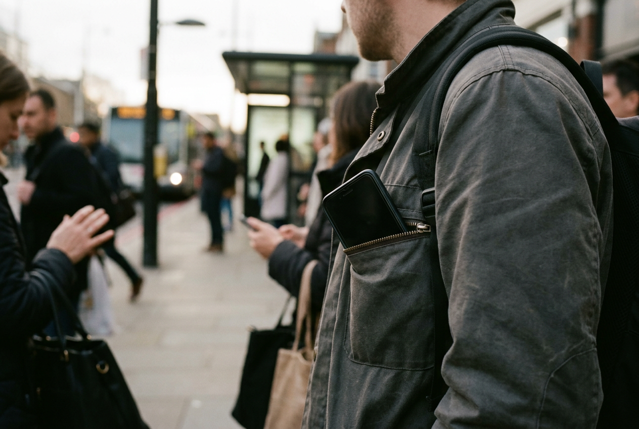 A locked black phone zipped into the inside pocket of a coat beside a bus stop.