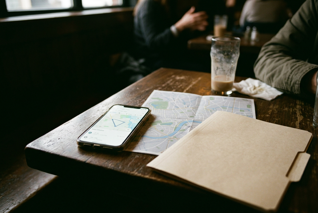 A phone displaying Google Maps Timeline beside a police records request and a city street map.