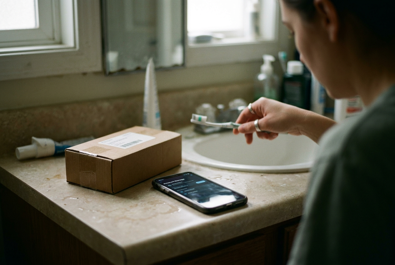 A phone displaying a hair-loss account’s next-shipment screen beside an unopened refill box.