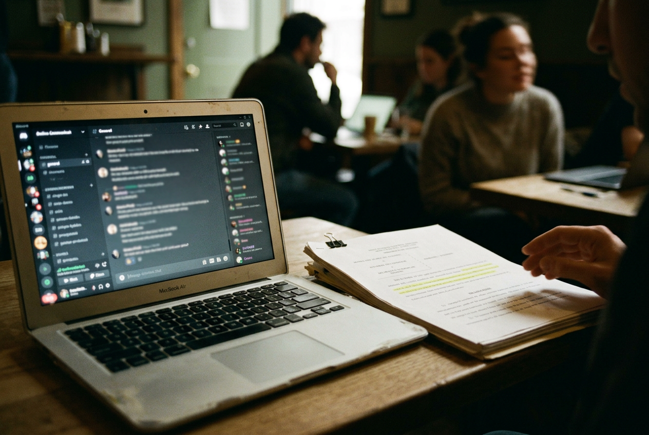 A laptop displaying a Discord chat beside a printed federal court filing, with usernames and message text obscured.