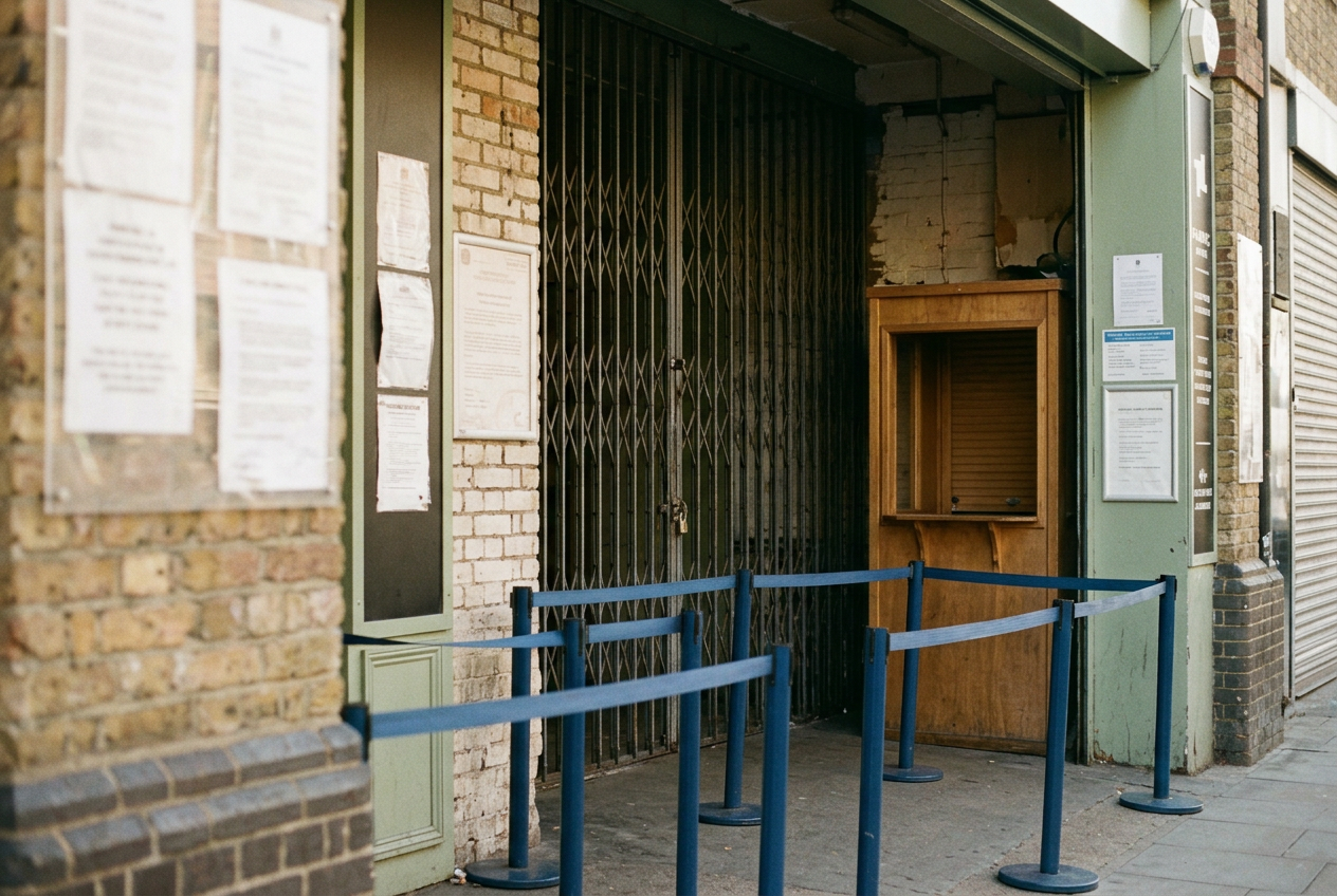 An empty nightclub entrance with an ID scanner, metal barriers and posted licensing conditions beside the closed door.
