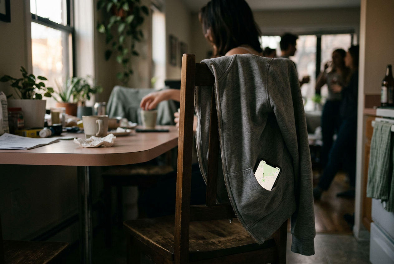 A gray zip hoodie on a chair with a phone visible in the right pocket and a location-sharing screen open.