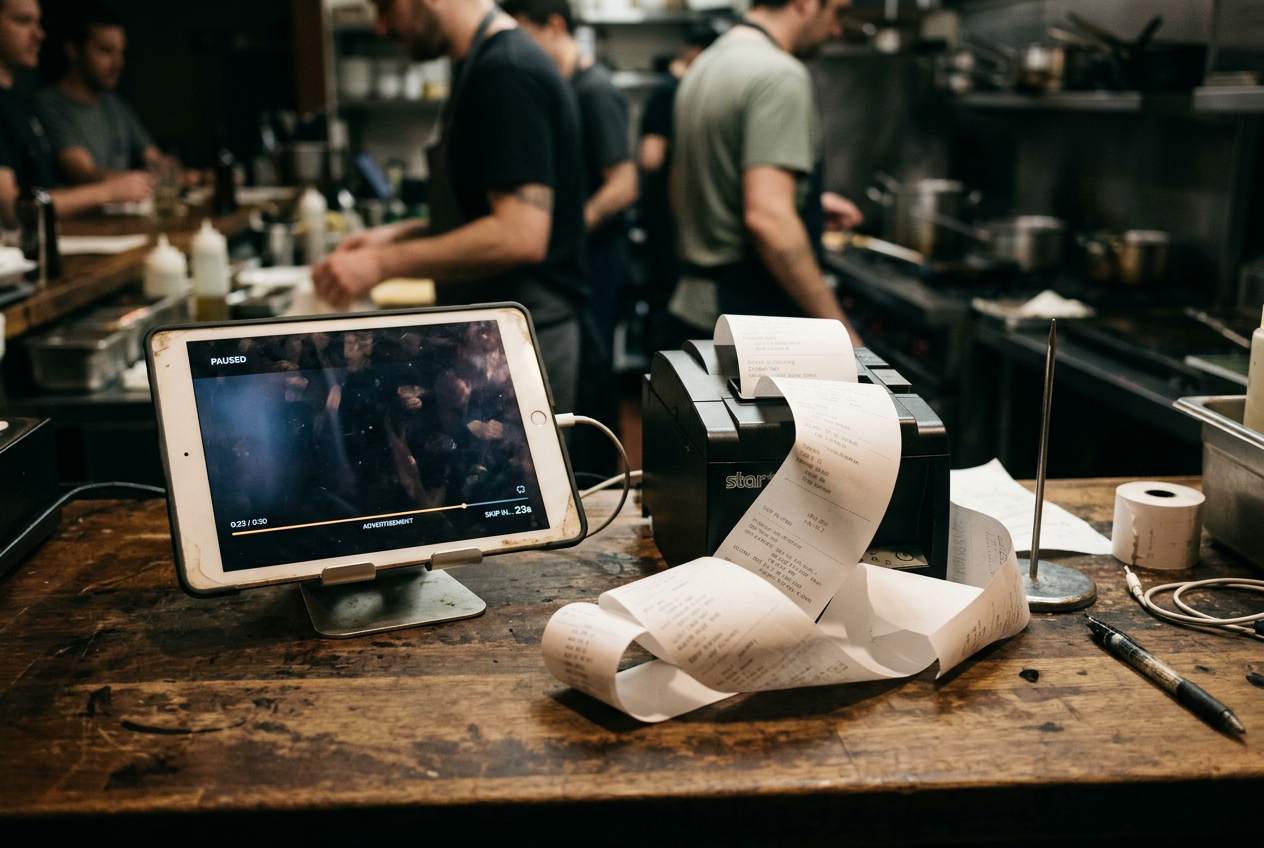 A restaurant ticket printer spilling a long strip of orders beside a tablet showing an ad countdown.