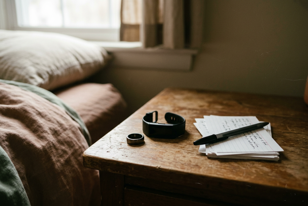 An Oura Ring, a Fitbit and handwritten sleep diary cards arranged on a bedside table.