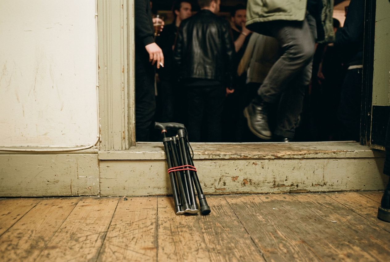 A folded black aluminum cane with a red elastic loop beside a venue door threshold and ticket confirmation.