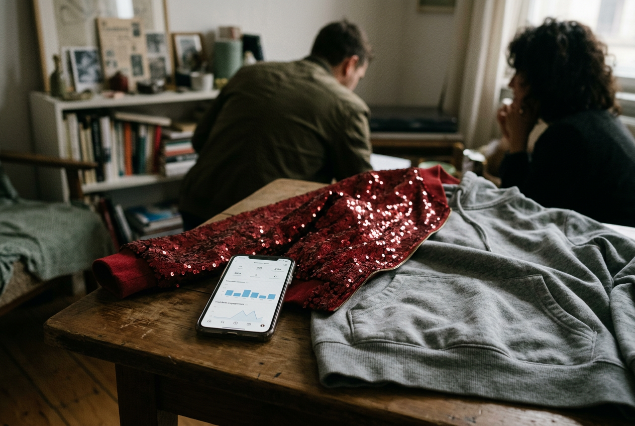 A phone showing Trial Reel insights beside a red sequined jacket layered over a gray cotton hoodie.