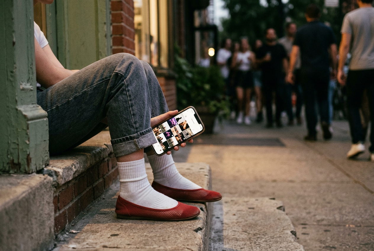 A phone showing Instagram Explore beside red mesh ballet flats worn with white socks and cuffed jeans.