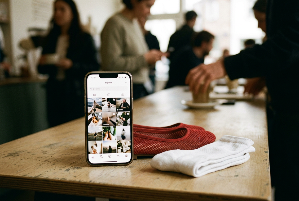 A phone showing Instagram Explore beside red mesh ballet flats worn with white socks.