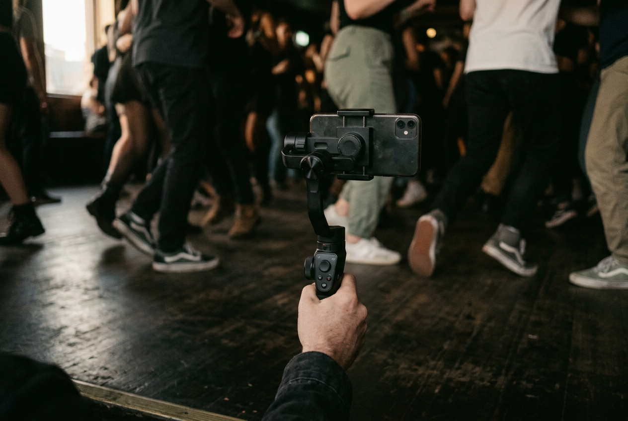 A phone clamped vertically in a black gimbal at the edge of a crowded dance floor.